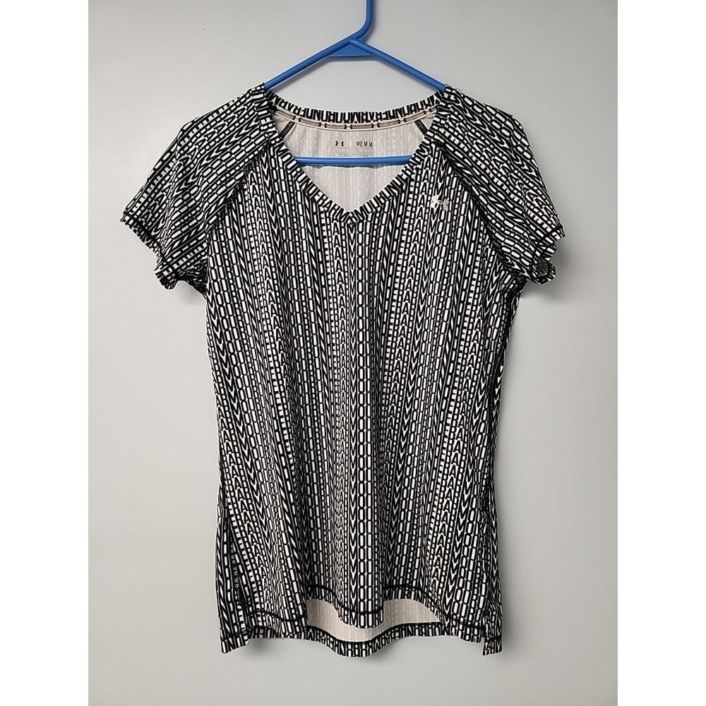 Under Armour Womens M Black White Letter Striped Print Short Sleeve Tee